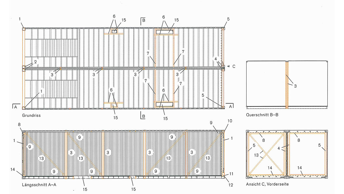 Grundriss 2. OG und Schnitte A–C einer Zimmereinheit, die aus zwei miteinander verbundenen Containern besteht.1–5 Stahlstützen als quadratische Hohlprofile:1 = 140 × 6,32 = 140 × 123 = 90 × 50 × 104 = 110 × 105 = 110 × 8,86 Wechselträger neu (rechteckiges Hohlprofil 140 × 60 × 3), Bestandsprofil gekürzt7 Bodenquerträger neu (rechteckiges Hohlprofil 140 × 60 × 3)8 Riegel (rechteckiges Hohlprofil 110 × 70 × 5)9 Flachstahl 150 × 510 Riegel (quadratisches Hohlprofil 140 × 5)11 Riegel (quadratisches Hohlprofil 80 × 5)12 Kantblech123 × 140 × 312 (t = 5 mm)13 Zugstab 60 × 514 Kantblech 70 × 110 × 68 (t = 5 mm)15 Durchbruch für Leitungen in Boden und Trapezblechdecke