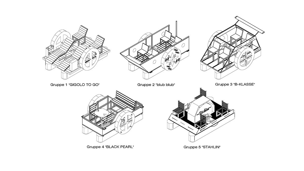 Übersicht: 3D-Zeichnungen der fünf Schaufelrad-Katamarane.