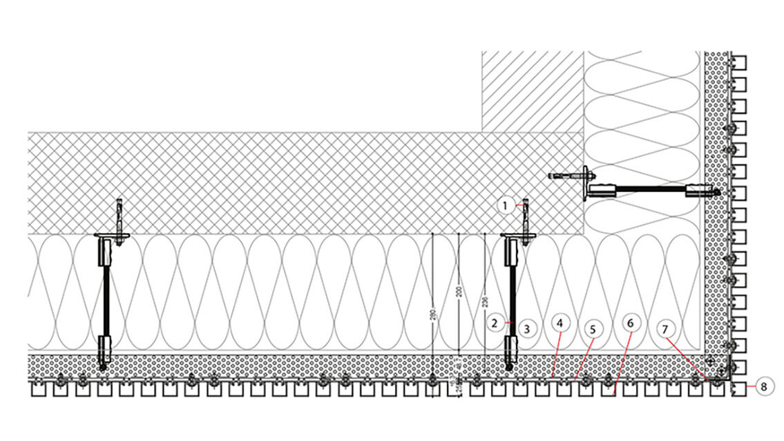 Coupe horizontale au niveau d’un angle :1 Fixation de console, chevilles en acier2 Console GFT Thermico3 Isolation thermique4 Profilé en L GFT, perforé pour la ventilation par l’arrière5 Profilé porteur en aluminium6 Profil Coupe horizontale au niveau d’un angle :1 Fixation de console, chevilles en acier2 Console GFT Thermico3 Isolation thermique4 Profilé en L GFT, perforé pour la ventilation par l’arrière5 Profilé porteur en aluminium6 Profilé à clips en aluminium à mettre sur le profilé porteur7 Profilé en L GFT pour la réalisation de l’angle8 Profilés d’angle