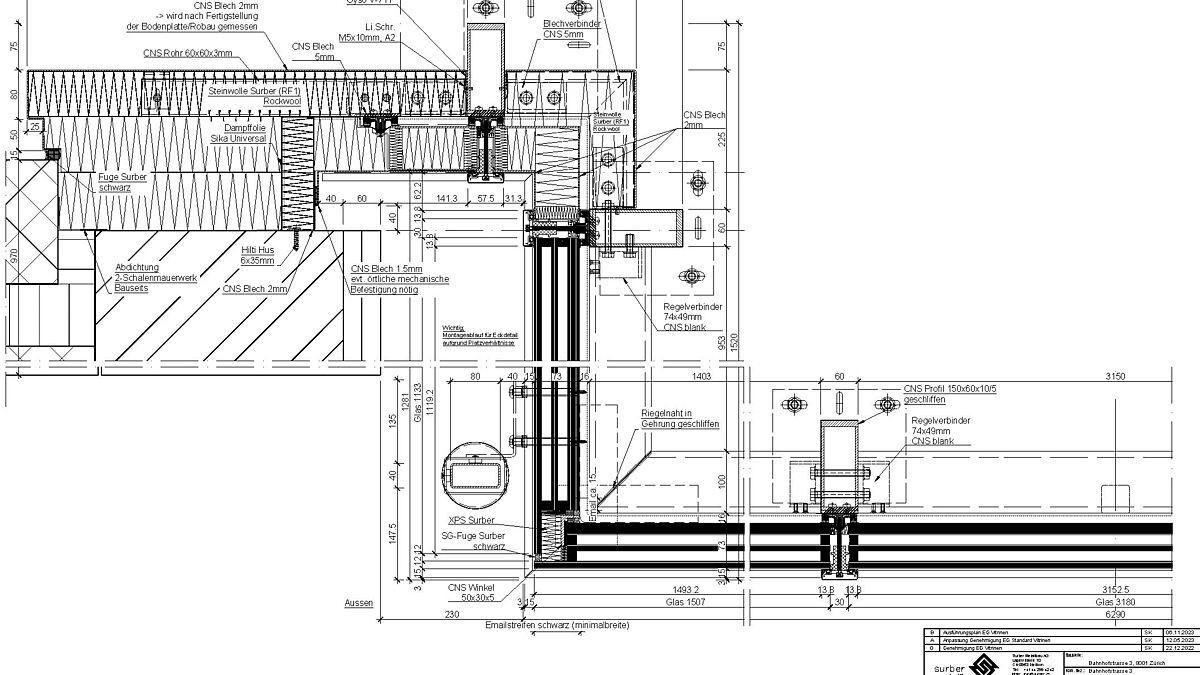 Coupe horizontale oriel : chaque profilé porteur en acier inoxydable est composé de quatre tôles et soudé au laser à la main.
