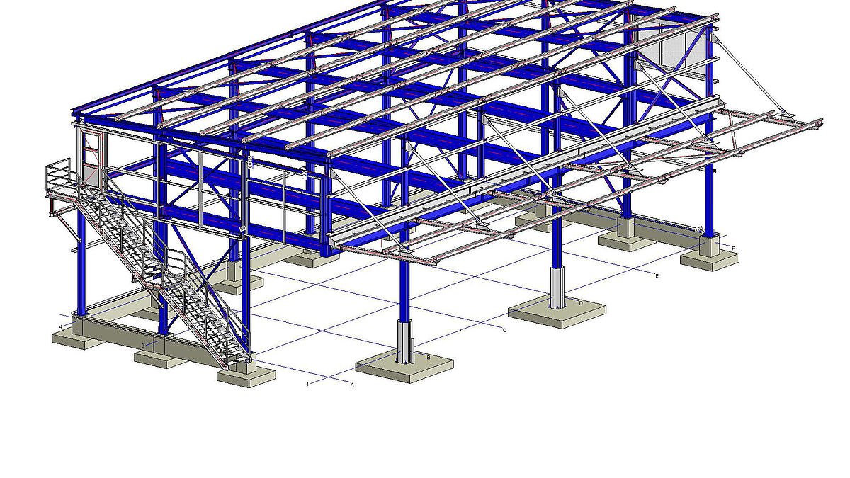 3D-Modell einer Stahlkonstruktion: Für Produktion und Montage können die erforderlichen Ansichten, Schnitte und Details einfach abgeleitet werden.