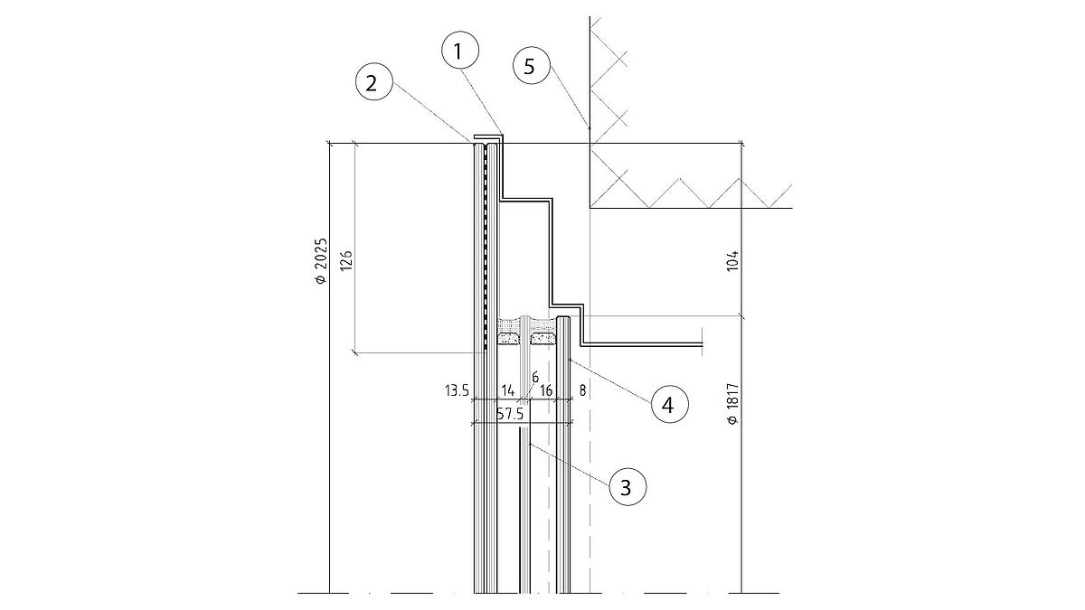 Coupe verticale des bords de vitres :  1 Tracé de l’huisserie métallique à séparation thermique   2 VFS 6.6.4 en VPP avec bord noir sérigraphié 126 mm  3 VST 6 mm   4 VST 8 mm   5 Béton