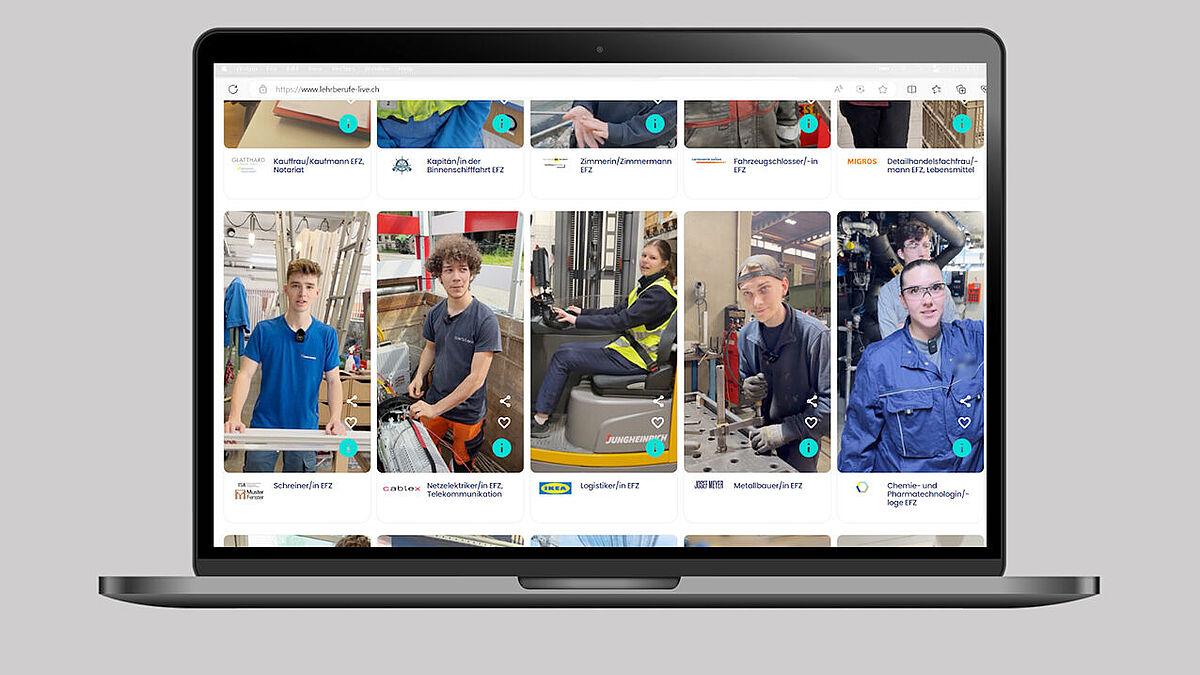 Coup d’oeil sur le site web : des apprentis de différents métiers montrent leur quotidien. www.lehrberufe-live.ch Coup d’oeil sur le site web : des apprentis de différents métiers montrent leur quotidien. www.lehrberufe-live.ch