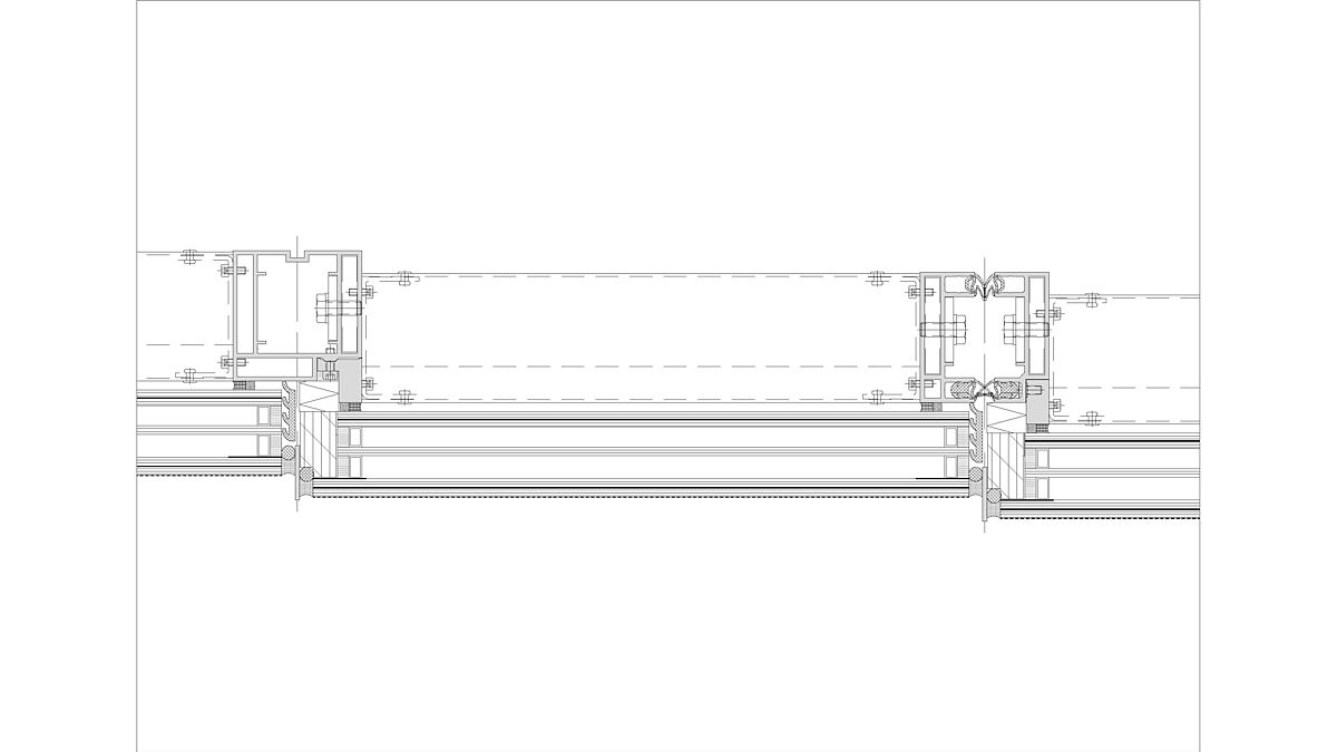 Horizontalschnitt: Gut zu sehen sind die aussenseitig geschuppte Glashaut und die Profilfügungen mit Dichtung. Die Vertikalprofile bestehen aus Aluminium. 