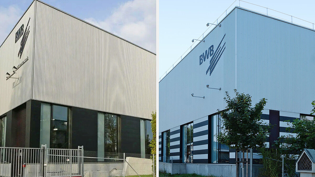 Avant (à gauche) et après : grâce au démontage, au reconditionnement et à une nouvelle anodisation, la façade en aluminium a retrouvé une nouvelle apparence tout en conservant sa fonction de composant de haute qualité au sein du cycle des matériaux.