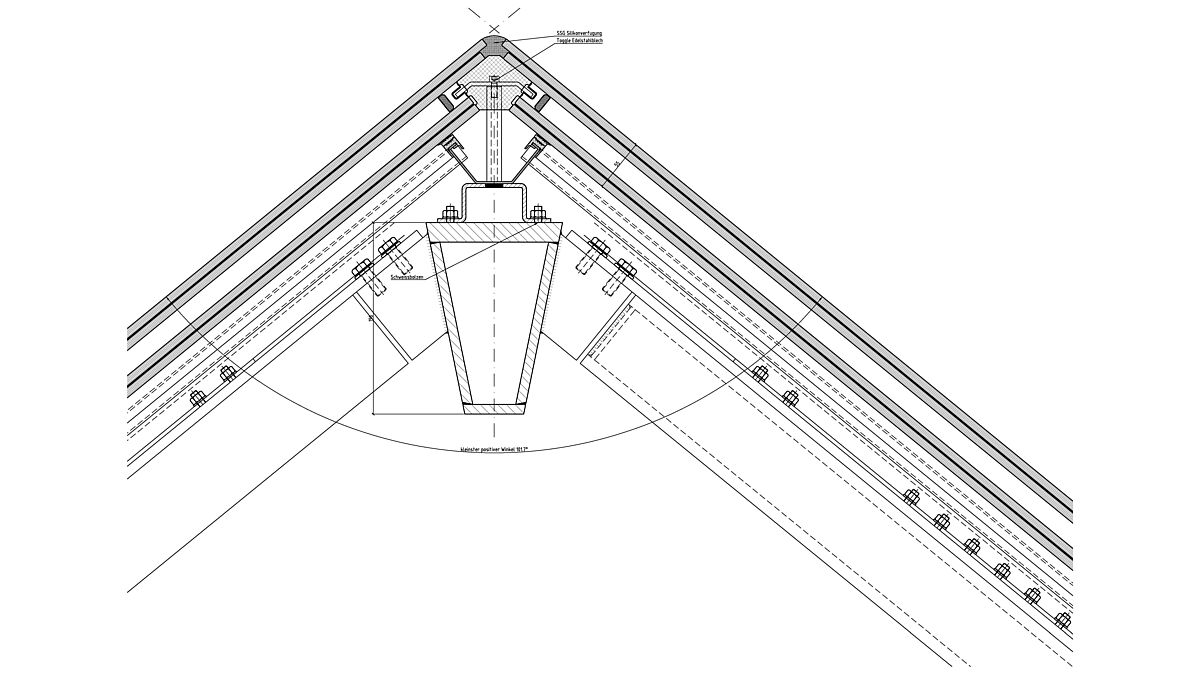 Coupe détaillée : poutre principale avec le plus petit angle positif.