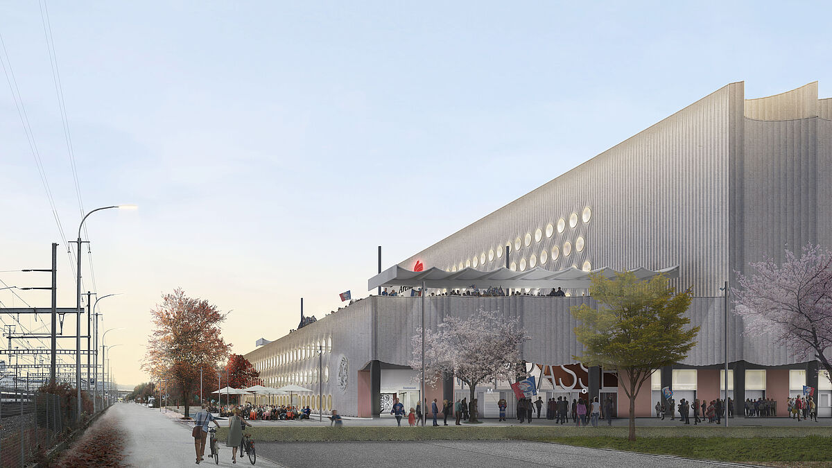 Côté sud, d’imposantes volées d’escaliers et une terrasse publique adjacente accueillent les spectateurs.Photo : Caruso St John Architects