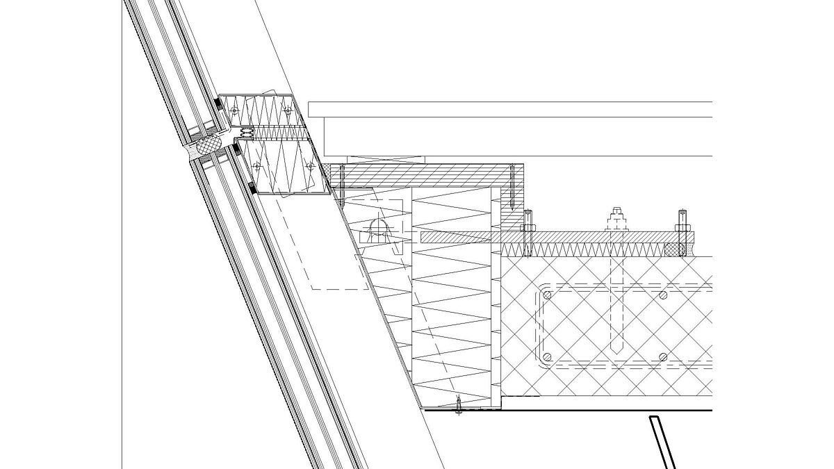 Vertikalschnitt, unten nach innen verlaufend, im Zwischenbodenbereich. Horizontaler Glas- und Profilstoss. Alle Gläser sind SG-Verklebt.