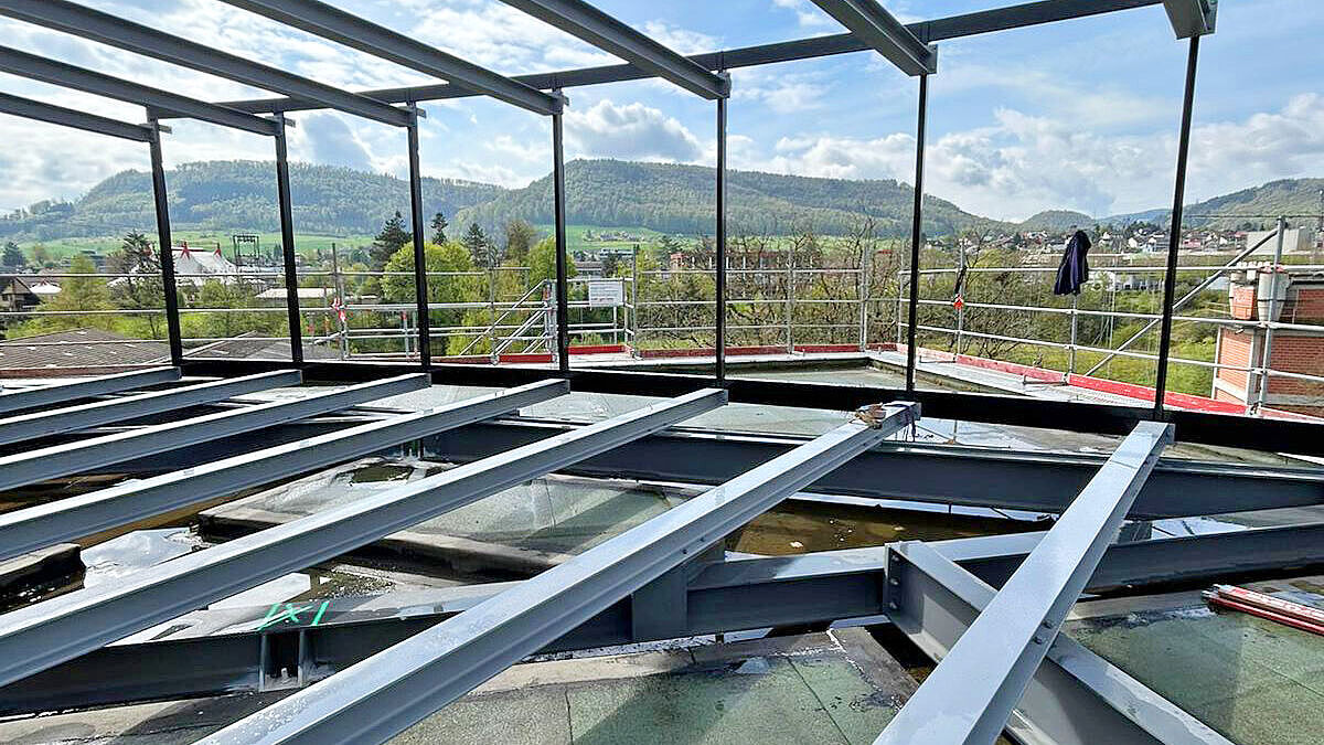 Les profilés de montants filigranes transfèrent les charges du toit à la structure du sol. Photo : Rytz AG 