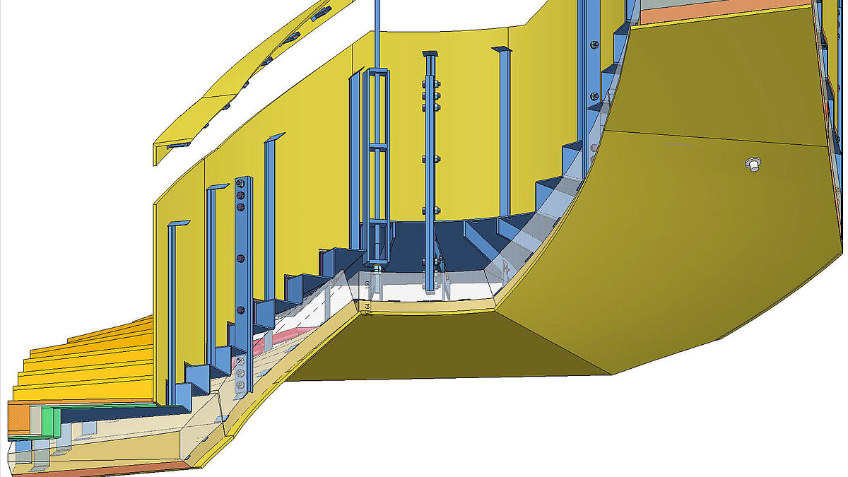 Découpe de planification 3D sur le palier intermédiaire. Les sous-constructions destinées à accueillir les habillages en bois et installées sur les parois de l’escalier sont faciles à reconnaître. La construction porteuse est visible au centre.