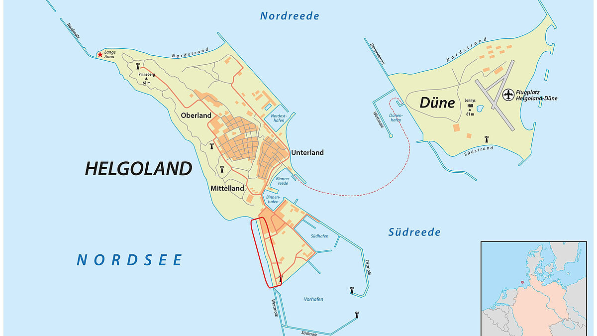 Die Inselgruppe Helgoland und Düne gehört seit 1890 zum deutschen Staatsgebiet und ist als amtsfreie Gemeinde Helgoland in den Kreis Pinneberg (Schleswig-Holstein) integriert (Wikipedia).