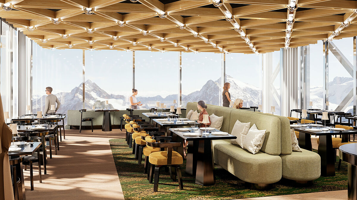 Die balkenartigen Baukörper im umgebauten Richtstrahlturm bieten Raum für ein neues Restaurant mit Bar und rund 120 Plätzen. Visualisierung Herzog & de Meuron.  