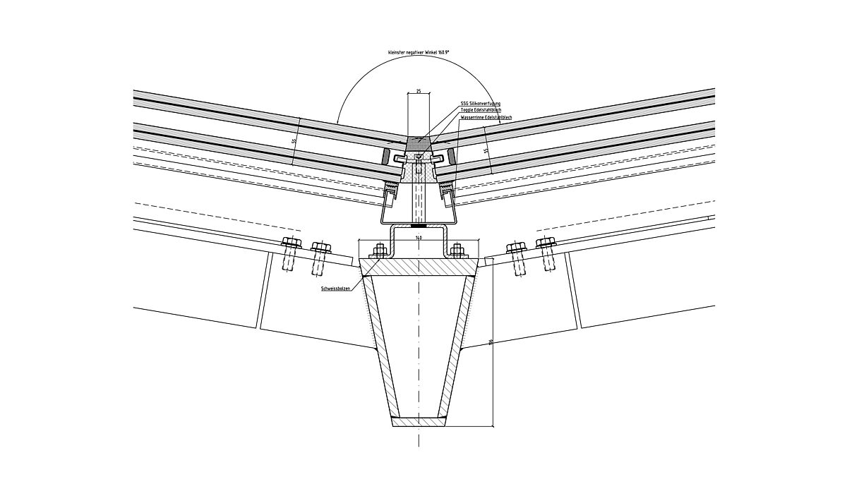 Coupe détaillée : poutre principale avec le plus petit angle négatif.