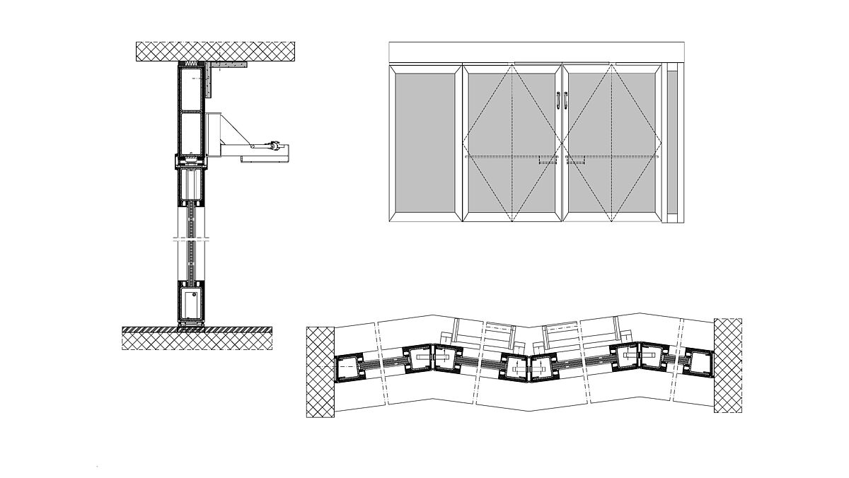 Coupe horizontale et verticale. Les profilés sont dotés des deux côtés de revêtements d’aluminium.