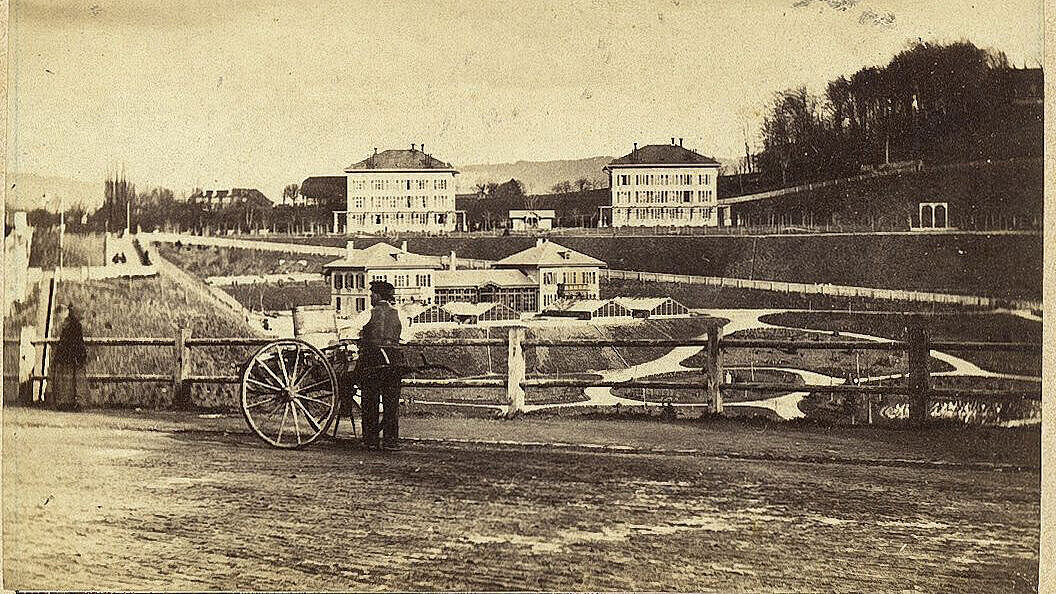 Photo des petites serres en 1861 (de g. à d. serre des steppes, du Gondwana, de la Méditerranée, des orchidées).