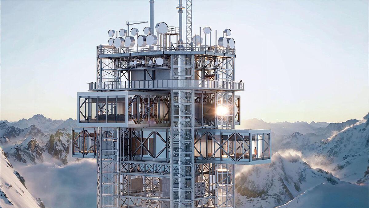 In die bestehende Tragstruktur des Richtstrahlturms werden zwei verglaste, stahlgerahmte Volumen eingeschoben, die sich kreuzförmig überlagern.  Visualisierung: bloomimages