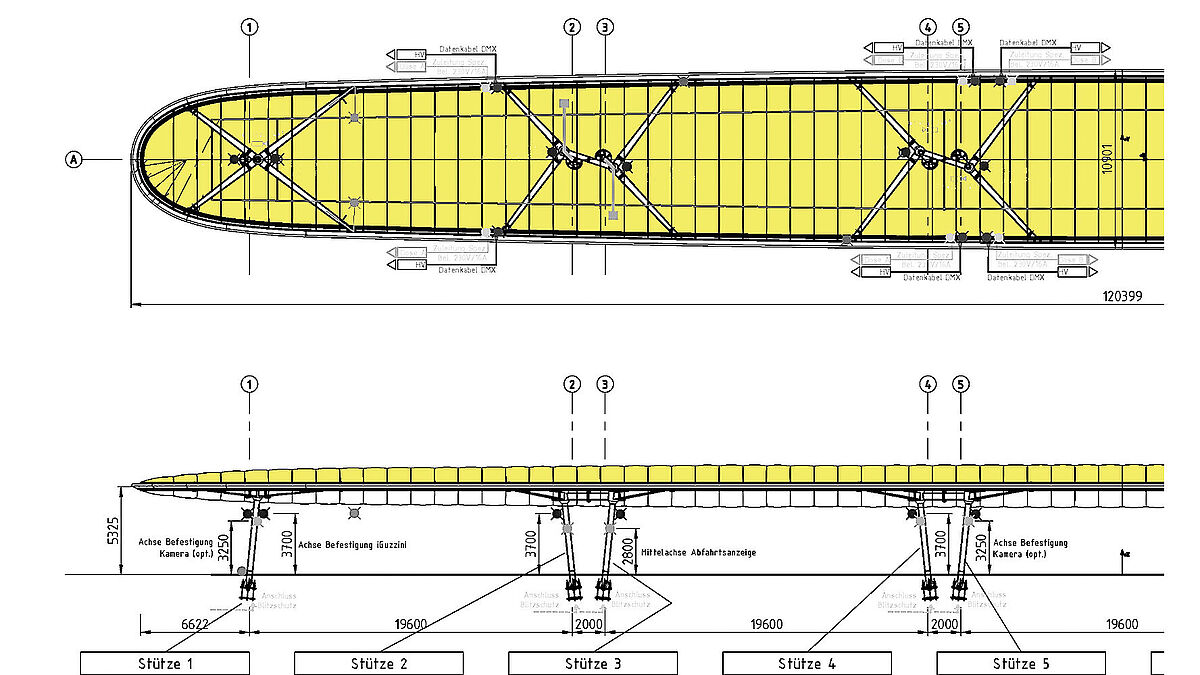 Photo : FormTL. Sous-face / coupe (1/2) de la structure du toit. L’éclairage, le drainage, la gouttière et les éléments antichute sont tous fixés à la poutre périphérique.
