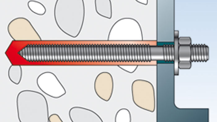 Une masse composite (résine synthétique ou mortier) colle la cheville au support sans écartement.