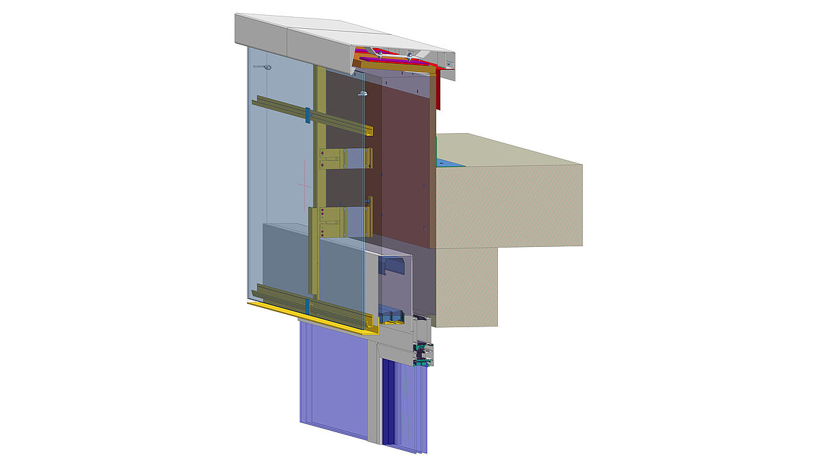 3D-Darstellung der Photovoltaikbrüstung mit abschliessendem Dachrand sowie Sturzbereich der Fenster.