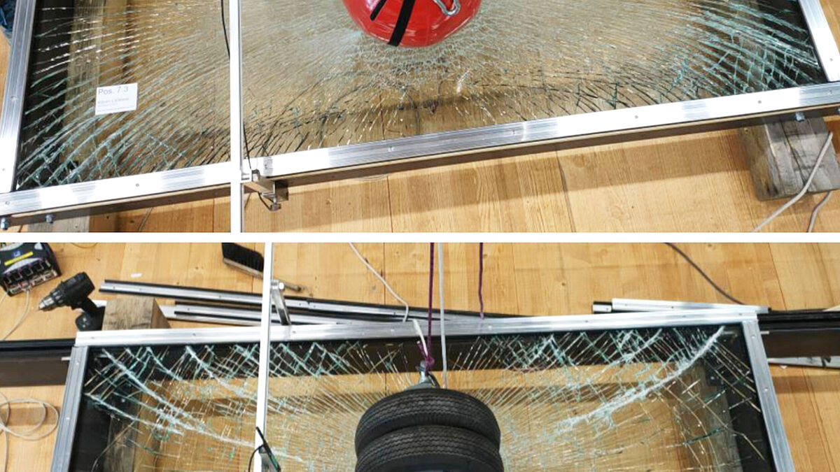 Illustration 2 : Essai de choc avec sac sphéroconique (en haut) et pneumatiques jumelés (en bas). 