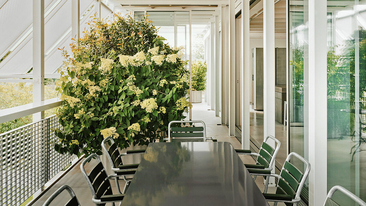 Au premier étage, un balcon continu avec jardin d’hiver intégré a été réalisé sur toute la longueur du bâtiment.