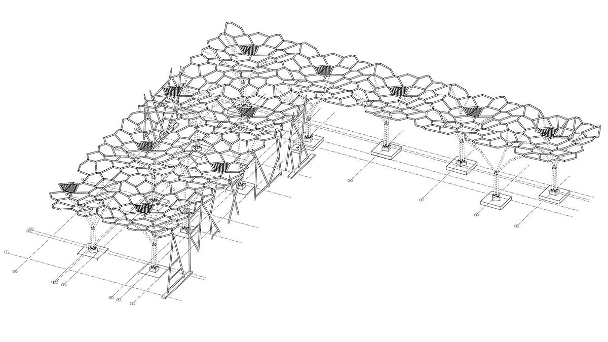 Vue en 3D du toit supporté par douze piliers en forme d’arbres.