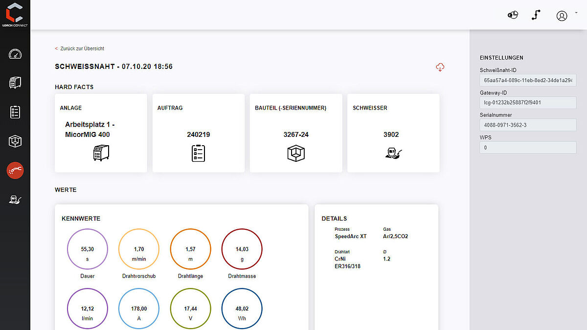 Jede einzelne Schweissnaht mit den zugehörigen Parameterwerten wird im Lorch Connect Portal dokumentiert und ist jederzeit abrufbar. Auffälligkeiten oder Abweichungen können so schnell korrigiert werden.