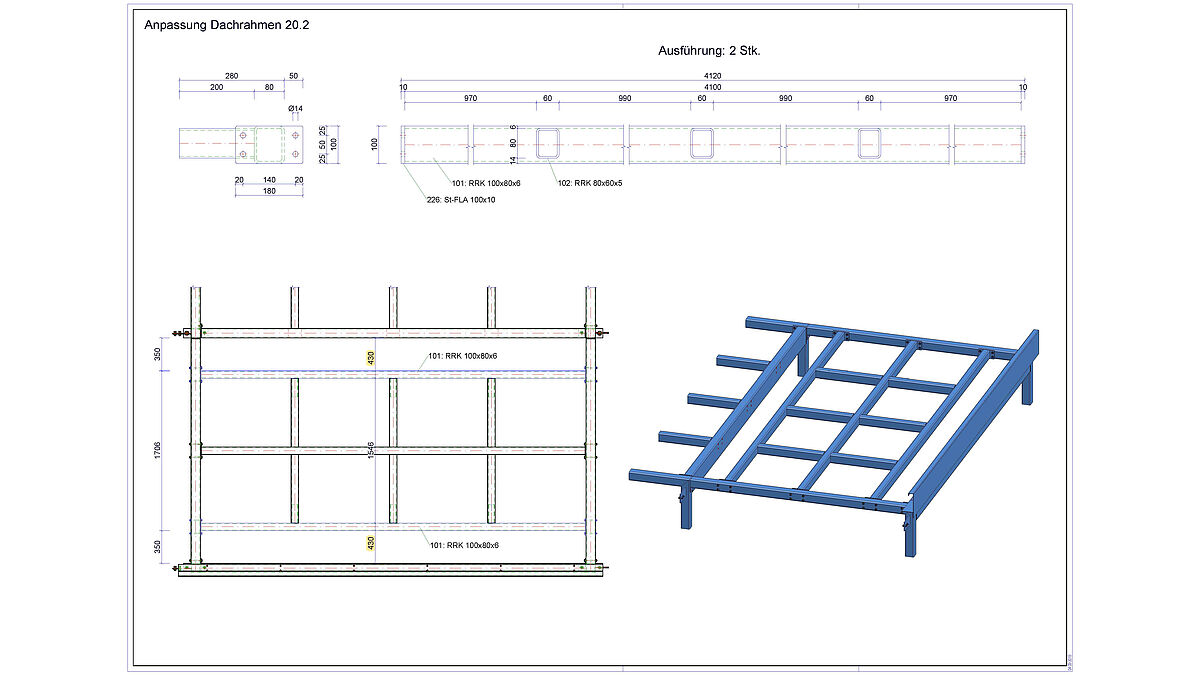 Stahlkonstruktion-Modell und Werkstattplanung mit HiCAD, Genehmigungspläne und Montagedetails mit ANTLOG-ONE.