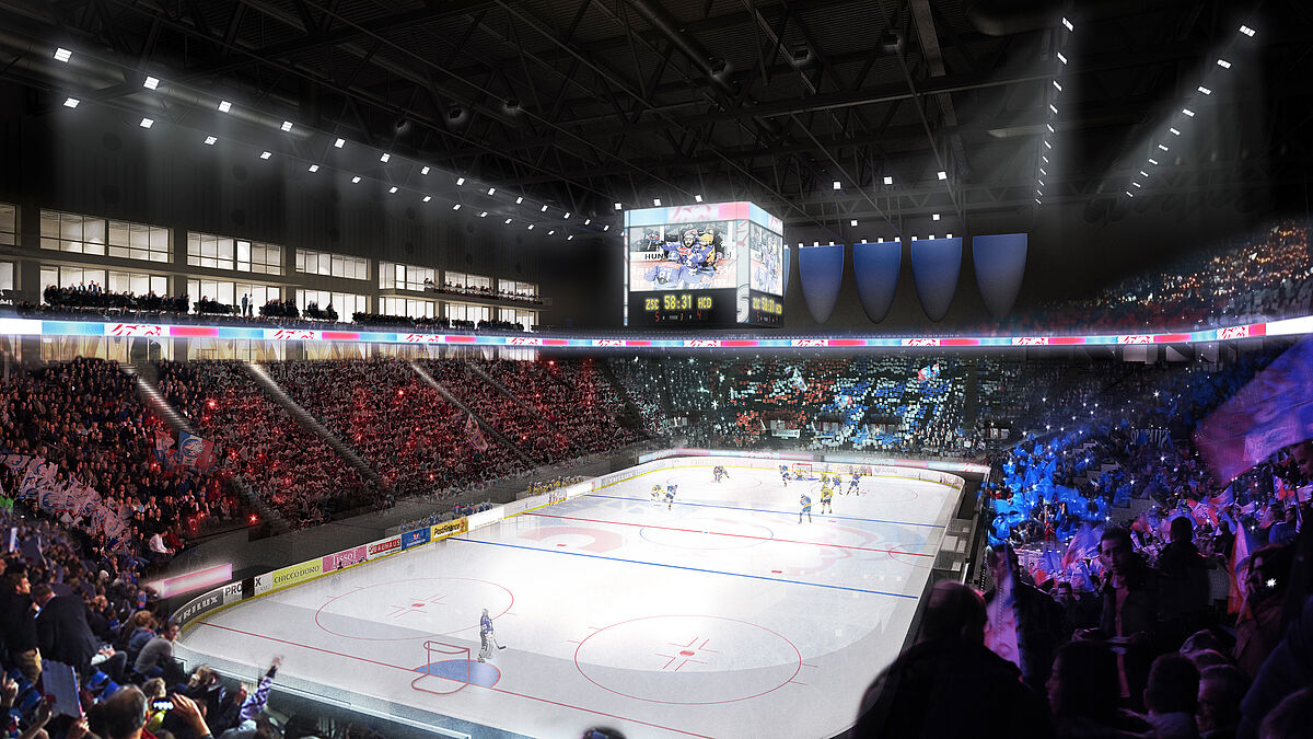 Die Zuschauer sitzen unmittelbar am Spielfeldrand, sodass die Swiss Life Arena bei Eishockeyspielen zu einem beeindruckenden Hexenkessel wird.Bild: Caruso St John Architects