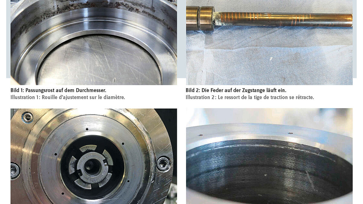 Illustration 1 : Rouille d’ajustement sur le diamètre.Illustration 2 : Le ressort de la tige de traction se rétracte.Illustration 3 : Particules de saleté dans l’installation.Illustration 4 : Marques provoquées par des vibrations.