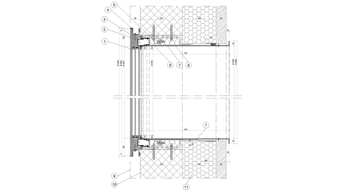 Vertikalschnitt Rundfenster:1 Stufen-Isolierglas mit schwarzem Siebdruck im Stufenbereich2 Aluminium-Rahmenprofil3 Isolator4 Anschlussprofil (Wasserführung)5 Befestigungskonsolen6 Dichtfolie / Fahnendichtung7 Dampfsperrfolie8 Blechzarge Aluminium 3 mm9 Beton, äussere Ebene (Welle)10 Beton, innere, flache Anschlagsebene für Fenster11 Isolation (Foam)