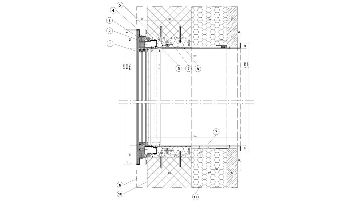Vertikalschnitt Rundfenster:1 Stufen-Isolierglas mit schwarzem Siebdruck im Stufenbereich2 Aluminium-Rahmenprofil3 Isolator4 Anschlussprofil (Wasserführung)5 Befestigungskonsolen6 Dichtfolie / Fahnendichtung7 Dampfsperrfolie Vertikalschnitt Rundfenster:1 Stufen-Isolierglas mit schwarzem Siebdruck im Stufenbereich2 Aluminium-Rahmenprofil3 Isolator4 Anschlussprofil (Wasserführung)5 Befestigungskonsolen6 Dichtfolie / Fahnendichtung7 Dampfsperrfolie8 Blechzarge Aluminium 3 mm9 Beton, äussere Ebene (Welle)10 Beton, innere, flache Anschlagsebene für Fenster11 Isolation (Foam)