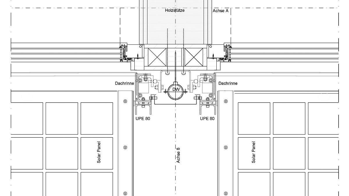 Coupe horizontale de l’assemblage d’éléments : les différents axes verticaux abritent les systèmes d’évacuation des eaux de toiture et bien plus encore (invisible de l’extérieur)..