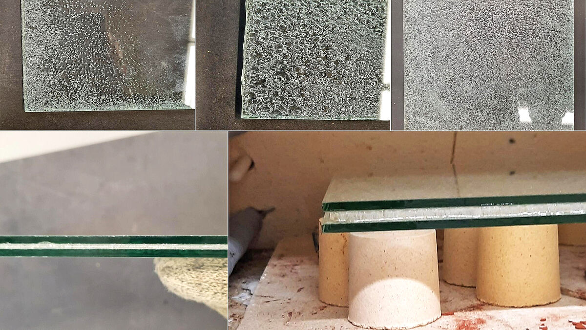 L’effet dit « Daisy » en anglais se produit lorsque le verre feuilleté de sécurité est chauffé et que des bulles se forment dans le PVB. C’est un indicateur clé du moment de séparation optimal. Sur les photos de la rangée inférieure, l’épaisseur du film a augmenté en raison de l’effet « Daisy ». Photos : Maximilian Düwel