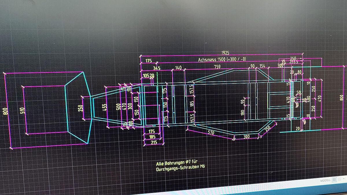 CAD-Plan des Tragwerks aus Rechteckrohren.