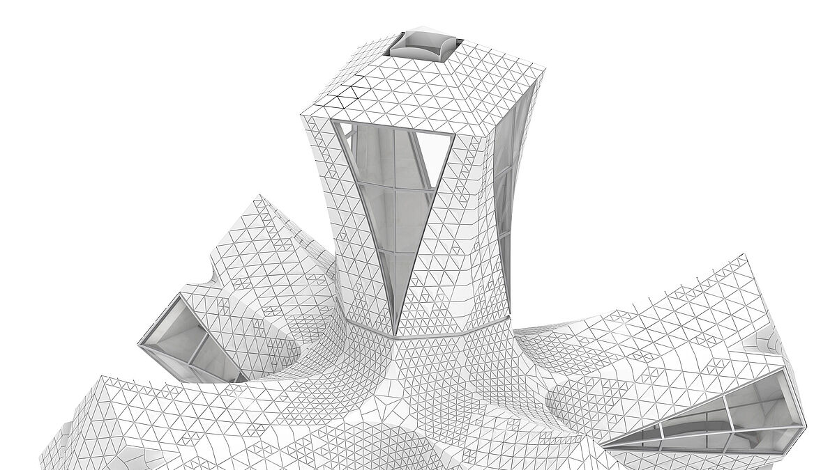 Représentation graphique : comme les colonnes et les croix de la Sagrada Familia, la croix en verre est basée sur une géométrie à double rotation et a donc nécessité une construction torsadée.