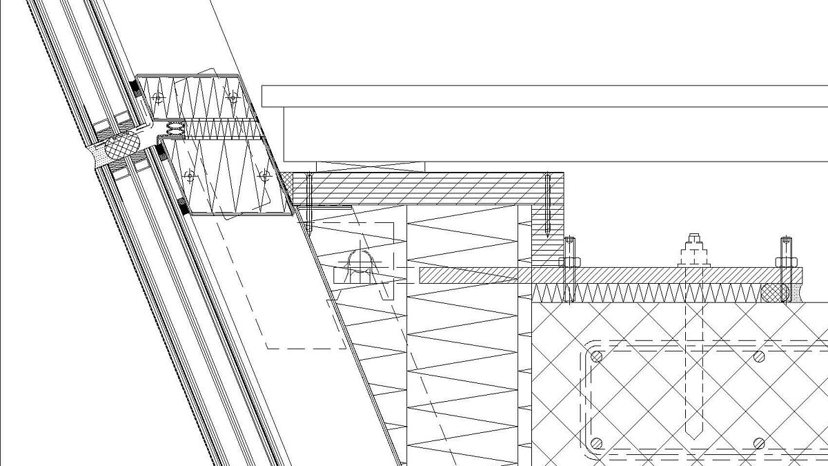 Coupe verticale, vers l’intérieur en bas, dans la zone du plancher intermédiaire. Joint de verre et de profilé horizontal. Tous les verres sont collés selon un procédé de verre structuré.
