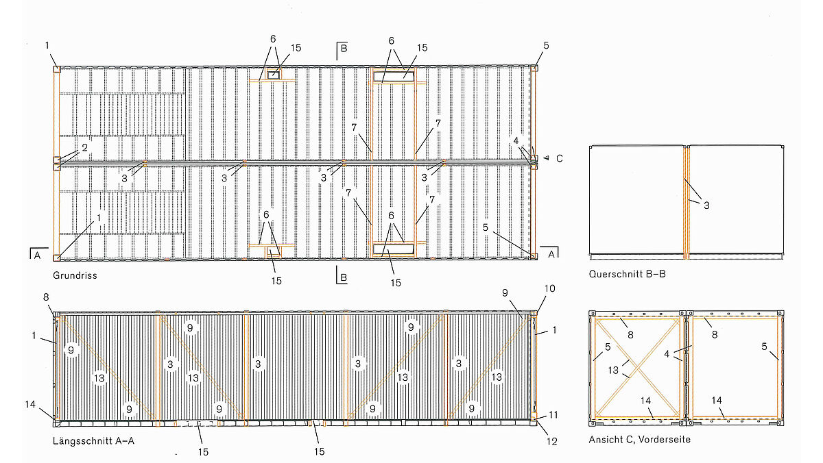 Vue en plan du 2 e  étage et coupes A à C d’une chambre composée de deux conteneurs assemblés, échelle 1 : 100.1 à 5 Poteaux en acier constitués de profilés carrés creux :1 = 140 × 6,32 = 140 × 123 = 90 × 50 × 104 = 110 × 105 = 110 × 8,86 Nouveau renfort au niveau des modifications (profilé carré creux 140 × 60 × 3), profil existant raccourci7 Nouvelle traverse au sol (profilé carré creux 140 × 60 × 3)8 Traverse (profilé carré creux 110 × 70 × 5)9 Plat acier 150 × 510 Traverse (profilé carré creux 140 × 5)11 Traverse (profilé carré creux 80 × 5)12 Tôle pliée 123 × 140 × 312 (épaisseur = 5 mm)13 Tirant 60 × 514 Tôle pliée 70 × 110 × 68 (épaisseur = 5 mm)15 Ouverture pour conduites dans le sol et le plafond en tôle profilée