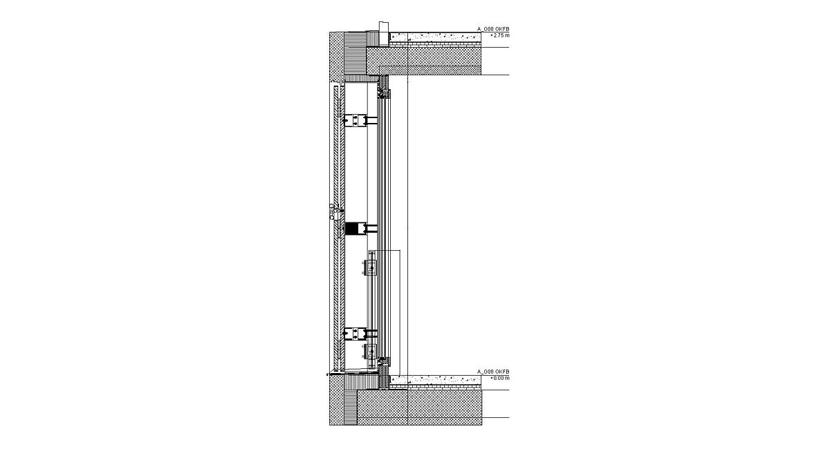 Vertikalschnitt durch ein Fensterelement. Links: Die Lamellenrostelemente sind mit der Fassade nahezu bündig gesetzt.