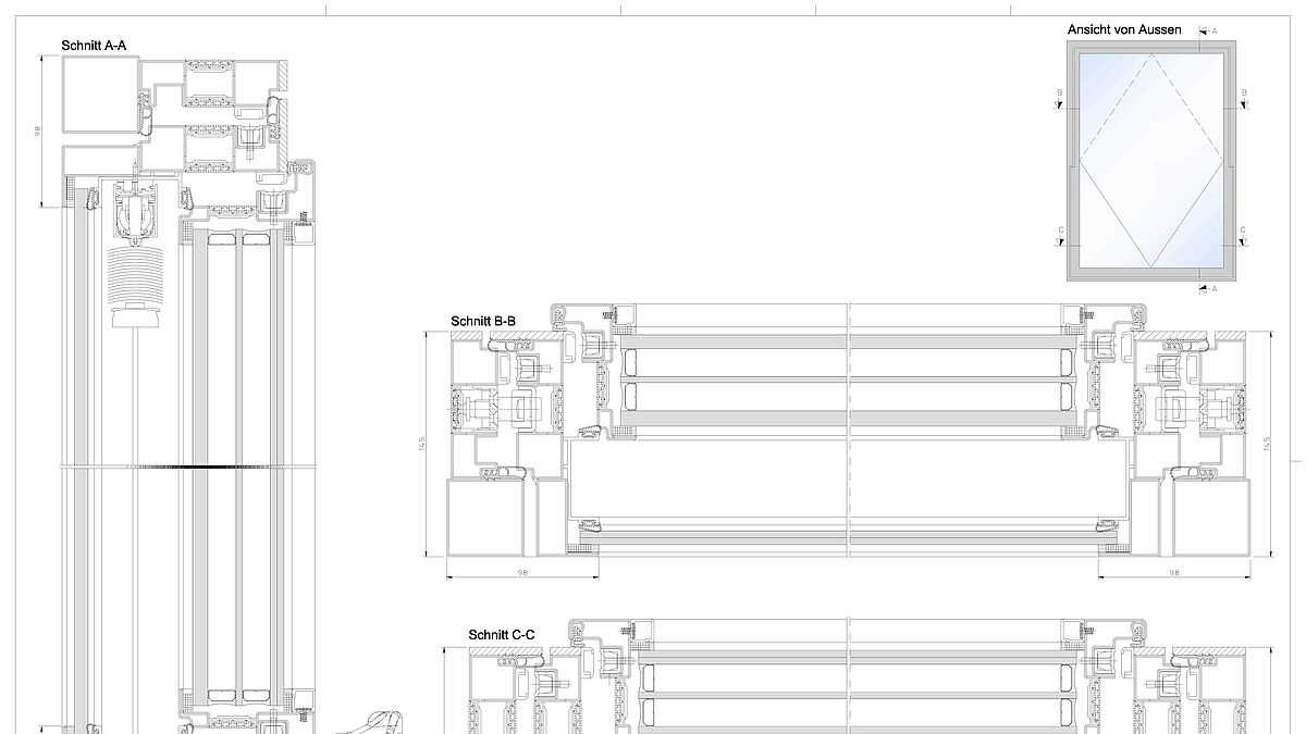 Das von Forster entwickelte Schwing-Verbundfenster mit integriertem Sonnenschutz und innenliegendem Drehflügel für Revisions- und Reinigungsarbeiten bei geschlossener Schwingfunktion.