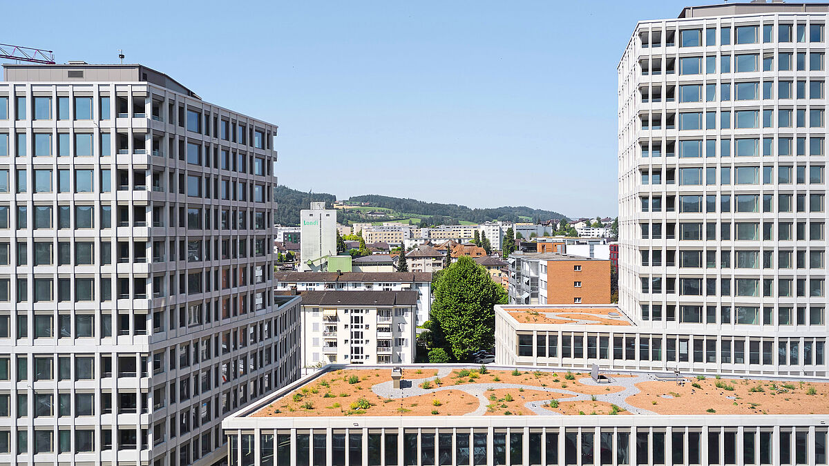 Die Baukörper zeichnen sich durch eine augenfällige Gliederung der Fassade aus, welche die verschiedenen Nutzungen klar differenziert.