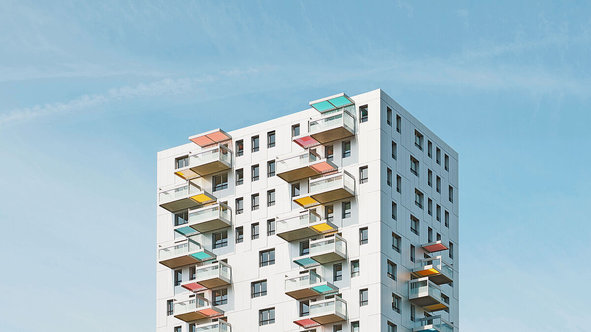 L’immeuble résidentiel de 21 étages, 116 appartements locatifs et 60 m de haut se trouve à proximité immédiate de la gare de Stettbach près de Dübendorf.