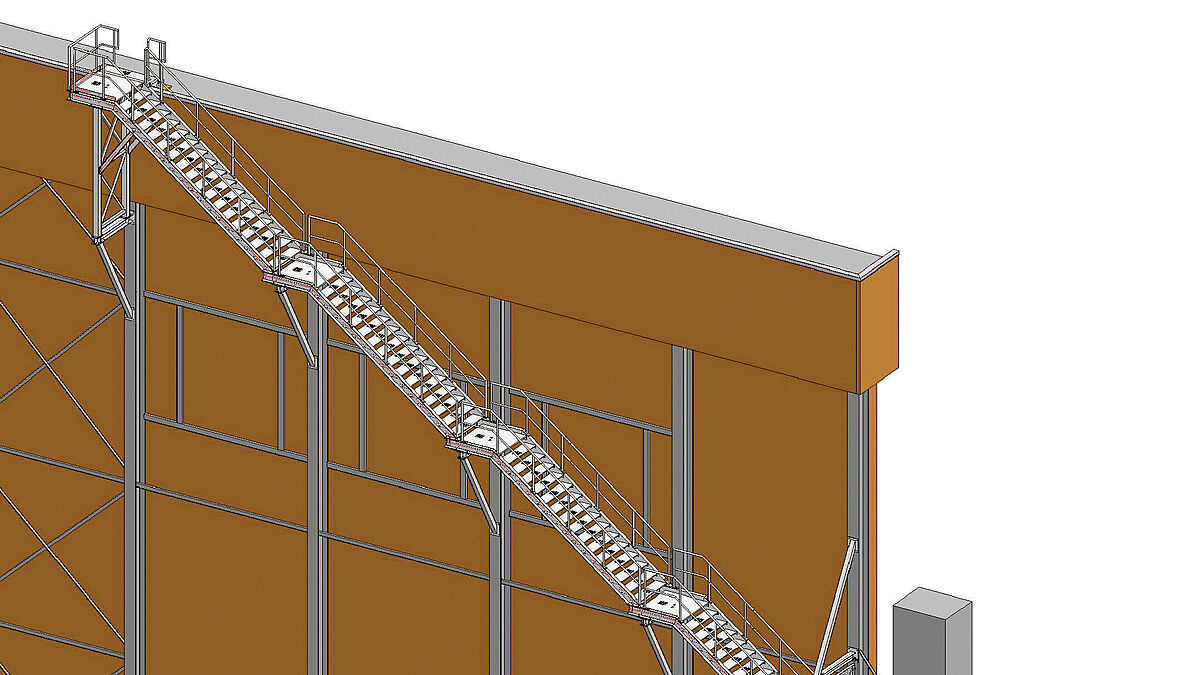 Fluchttreppenerweiterung aus UPE-Wangen und Gitterroststufen. Geplant mit der CAD-Software HiCAD.