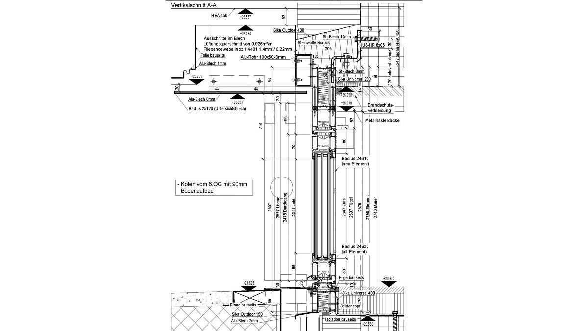Vertikalschnitt aus Typenplan Obergeschoss: Die Kernmasse für die Herstellung wurden in einer Matrix ausgewiesen. 