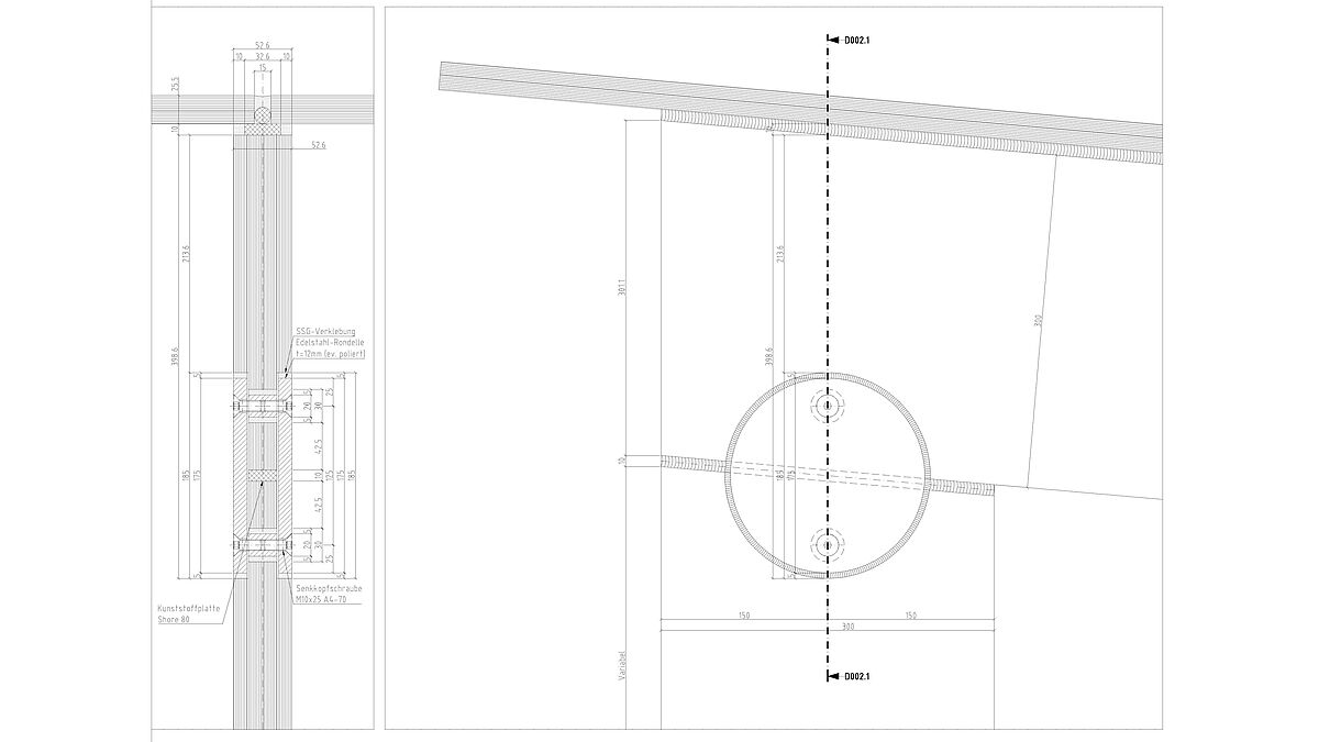 Schéma : Cladding  AGCoupe verticale (à gauche) et vue à travers les joints du verre. En haut le pilier, en bas la traverse. Des rondelles en acier inoxydable servent de plaques de liaison et de stabilisation.