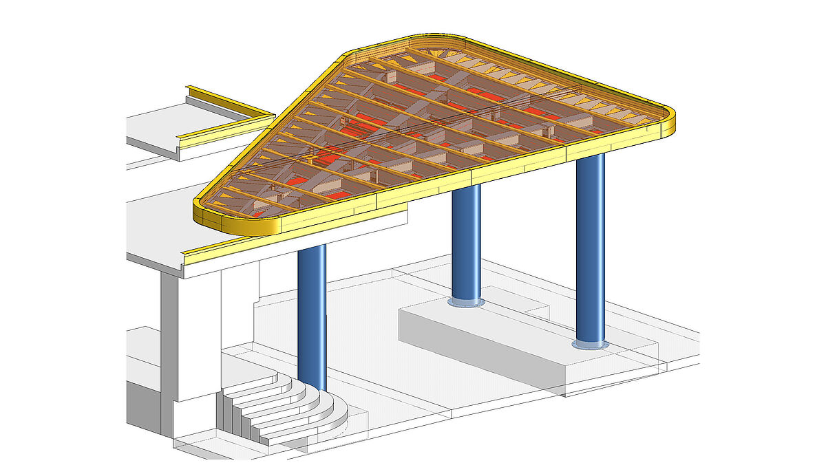 Photo : Merkle Metallbau AGVisualisation : les poutres primaires qui se croisent et qui sont reliées par plusieurs joints de poutres vissés en demi-V sont bien visibles.