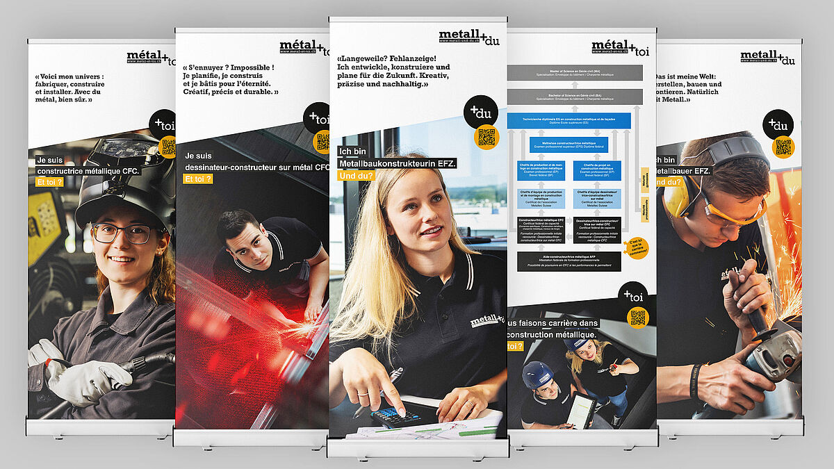 Les roll-ups récemment remaniés séduisent par des images dynamiques de véritables professionnels. Grâce aux codes QR, les personnes intéressées accèdent directement aux informations pertinentes sur le site web m Les roll-ups récemment remaniés séduisent par des images dynamiques de véritables professionnels. Grâce aux codes QR, les personnes intéressées accèdent directement aux informations pertinentes sur le site web metal-et-toi.ch