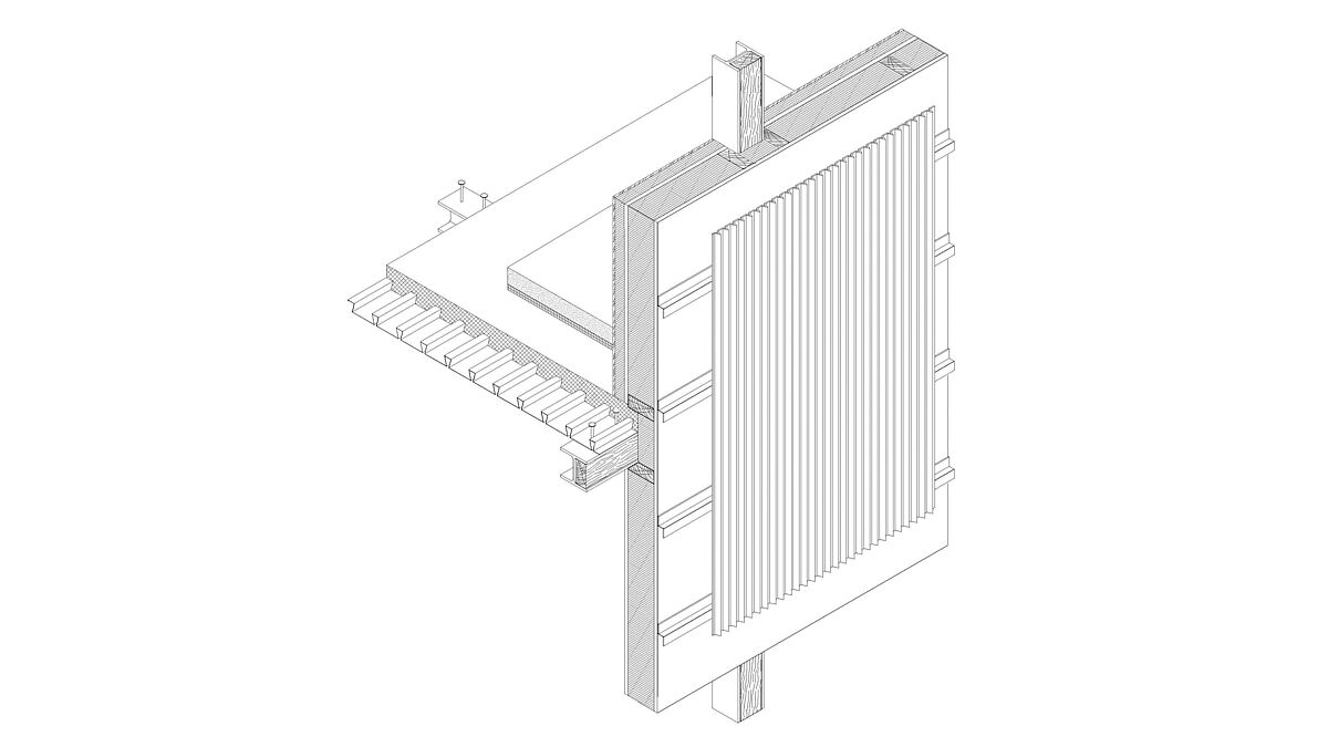 L’ossature en acier, la structure de sol et la construction de la façade fusionnent.