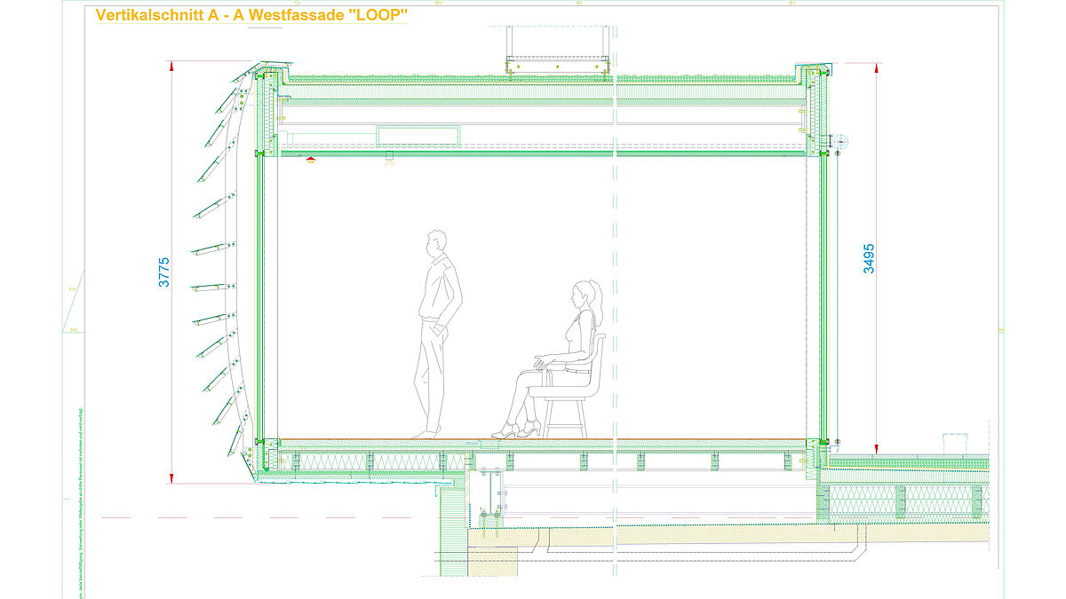 Vertikalschnitt durch den «Loop»: links die Aussenfassade mit der Brise Soleil-Konstruktion, rechts die Innenfassade. Grafik: Rytz AG