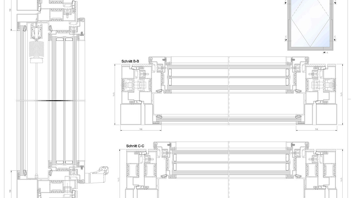 Forster a développé une fenêtre composite basculante avec protection solaire intégrée et un vantail battant interne permettant les travaux d’inspection et de nettoyage à position basculante fermée.